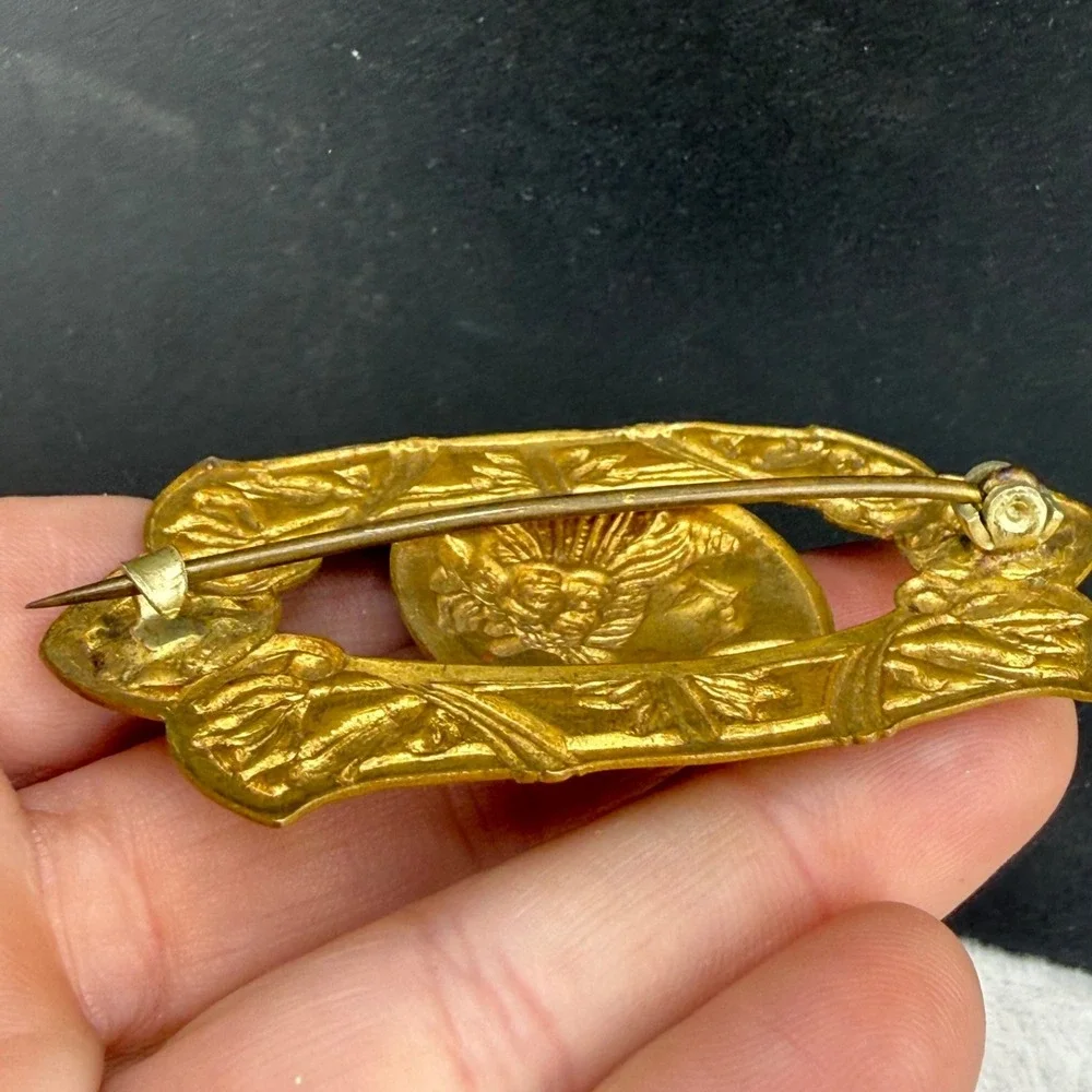 Vintage Brass Cameo Brooch Sash Pin